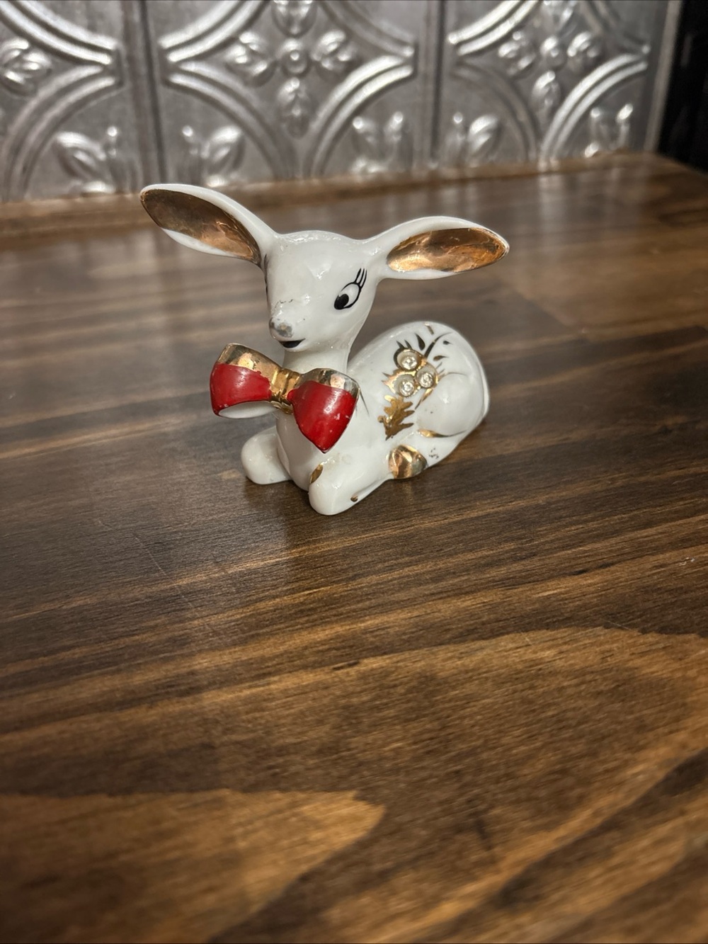 Vintage White Ceramic Christmas deer with Red Bow 1950
